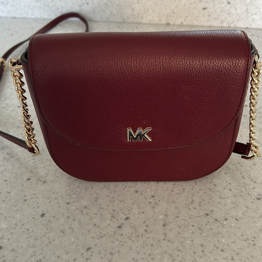 Michael Kors Burgundy Leather Crossbody Bag with Gold Chain
